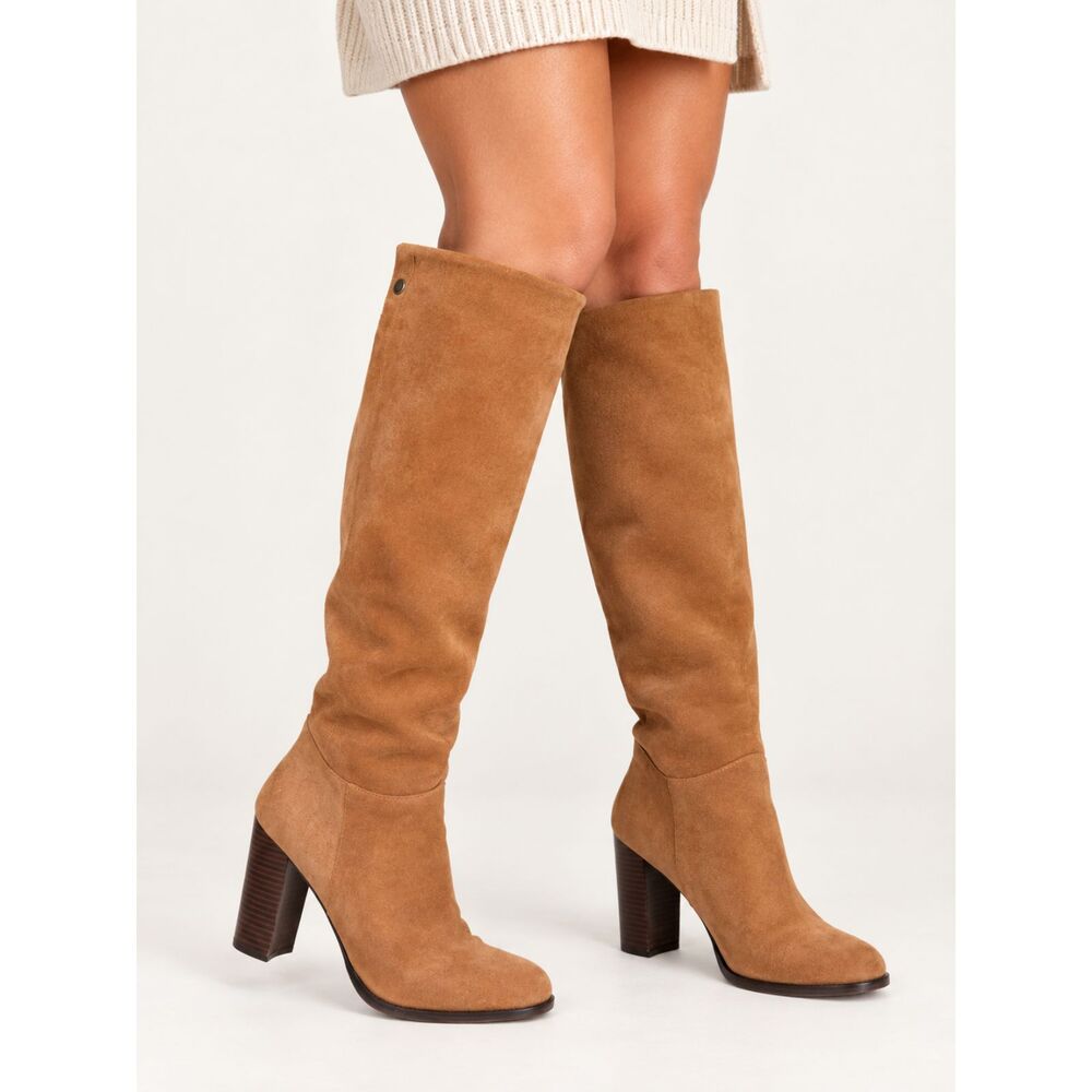 Sam Edelman Victoria Suede Knee High Boots 7M Camel Brown Block Heel Boho